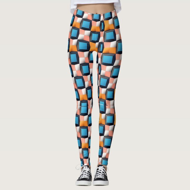 Vibrant 3D Geometric Illusion Pattern - Bold Colou Leggings (Front)