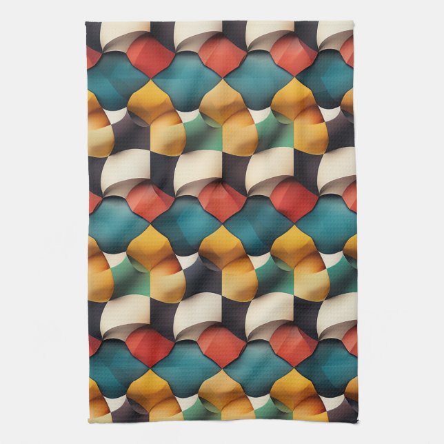 Vibrant 3D Petal Wave Geometric in Bold Colour Tea Towel (Vertical)