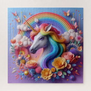 Vibrant 3D Unicorn Portrait with Floral Accents Jigsaw Puzzle
