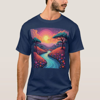 Vibrant 70s dreamscape blending nature and groovy T-Shirt