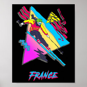 Vibrant 80s Retro Skier France Theme Winter Sport Poster
