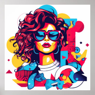 Vibrant 80s style portrait with a geometric patten poster