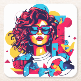 Vibrant 80s style portrait with a geometric patten square paper coaster