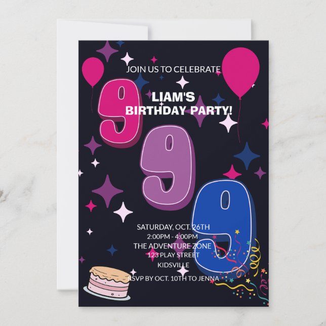 Vibrant 9th Birthday  | Pink Blue Confetti Invitation (Front)