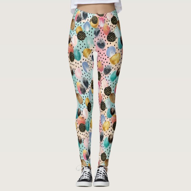 Vibrant Abstract Brushstroke & Polka Dot Pattern Leggings (Front)