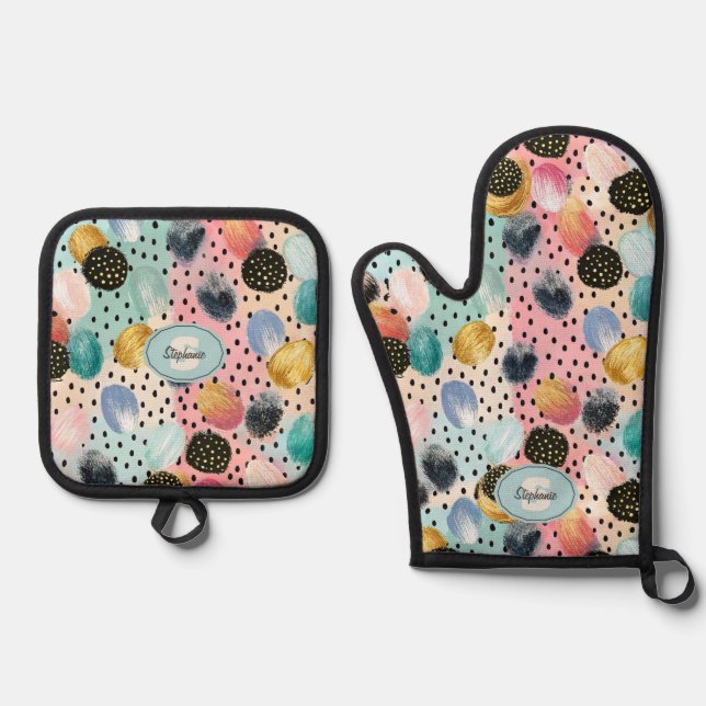Vibrant Abstract Brushstroke & Polka Dot Pattern Oven Mitt & Pot Holder Set (Front)