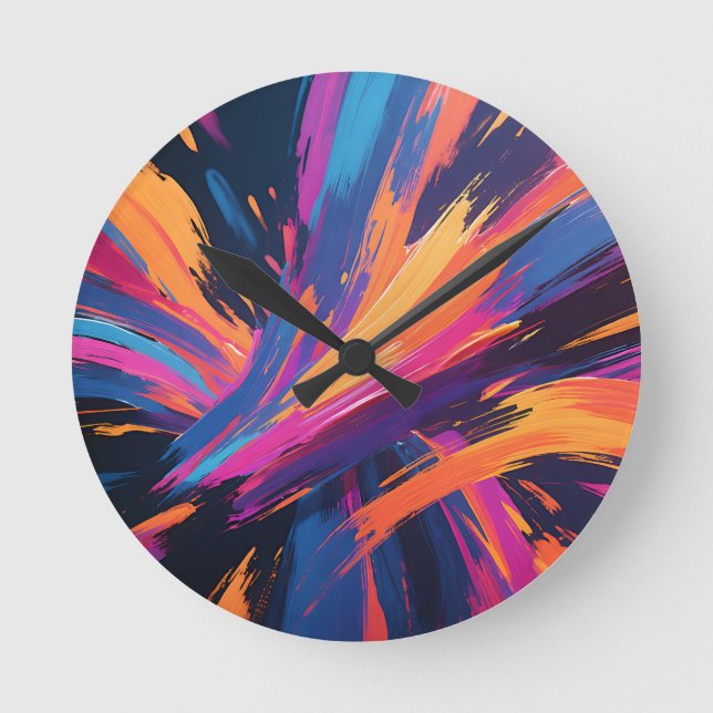 Vibrant Abstract Brushstrokes Colour Explosion Round Clock (Front)