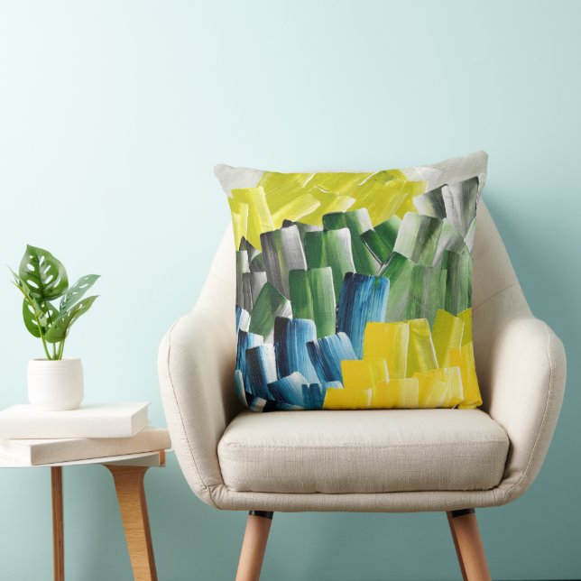 Vibrant Abstract Brushstrokes Yellow, Green & Blue Cushion (Chair)