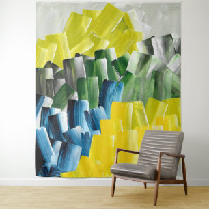 Vibrant Abstract Brushstrokes Yellow, Green & Blue Tapestry