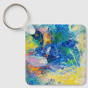 Vibrant Abstract Cat Art Print Key Ring