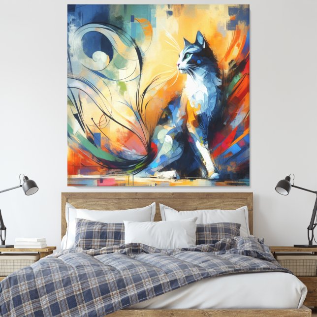 Vibrant Abstract Cat Canvas Art | Colourful  (Insitu(Bedroom))