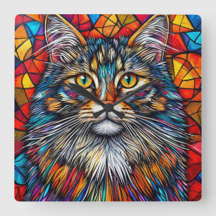 Vibrant Abstract Cat Illustration Square Wall Clock