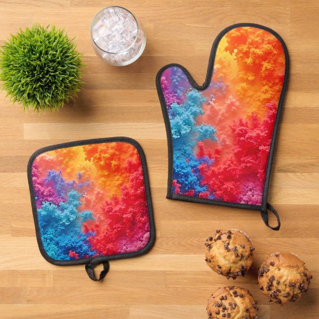 Vibrant Abstract Cloud Hues Oven Mitt & Pot Holder Set (Top Down)