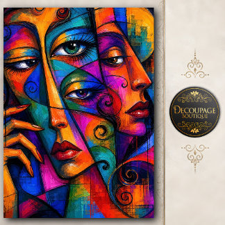 Vibrant Abstract Cubist Faces Decoupage Tissue Paper