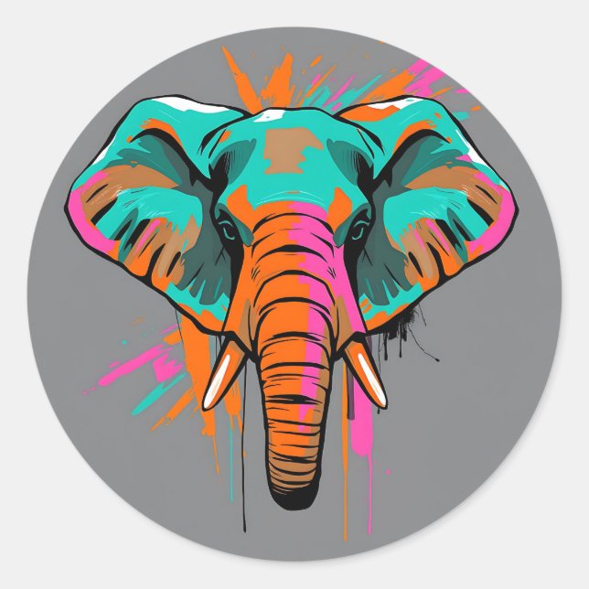 Vibrant Abstract Elephant with Bold Teal  Classic Round Sticker (Front)