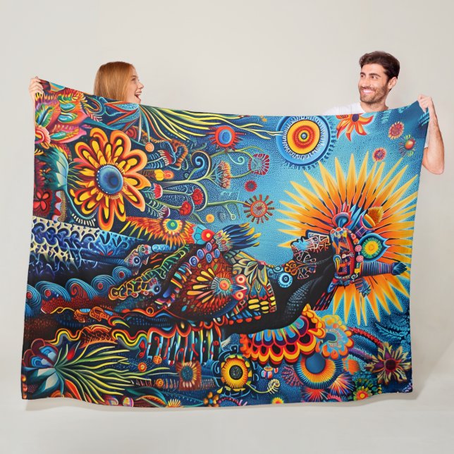 Vibrant Abstract Ethnic Huichol Tribal Pattern Fleece Blanket (In Situ)
