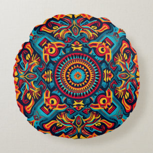 Vibrant Abstract Ethnic Huichol Tribal Pattern Round Cushion