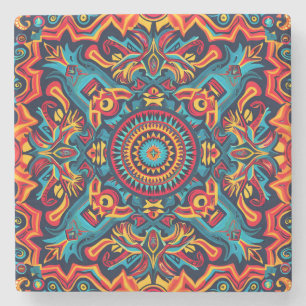 Vibrant Abstract Ethnic Huichol Tribal Pattern Stone Coaster