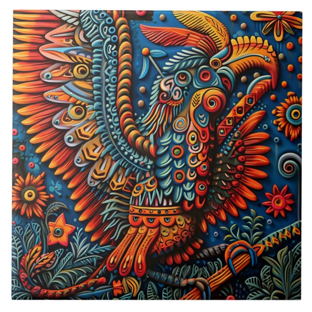 Vibrant Abstract Ethnic Huichol Tribal Pattern Tile (Front)