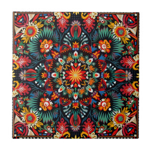 Vibrant Abstract Ethnic Huichol Tribal Pattern Tile