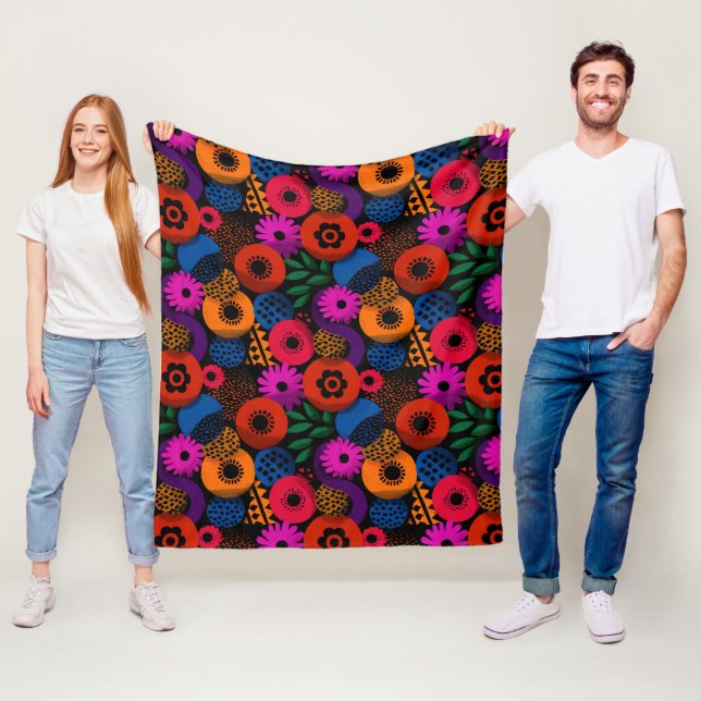 Vibrant Abstract Floral and Geometric Pattern Fleece Blanket (In Situ)