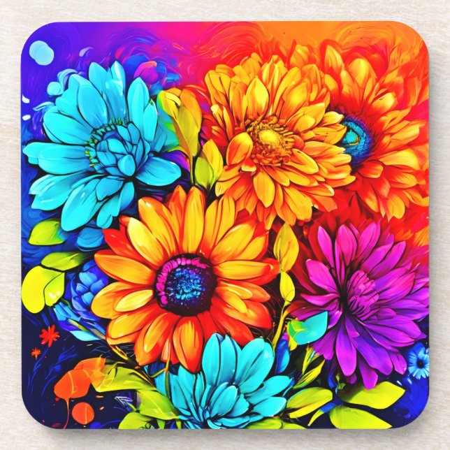 Vibrant Abstract Floral Art in Multicolor Coaster (Front)