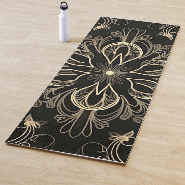 Vibrant Abstract Floral Black And Gold Yoga Mat (In Situ)
