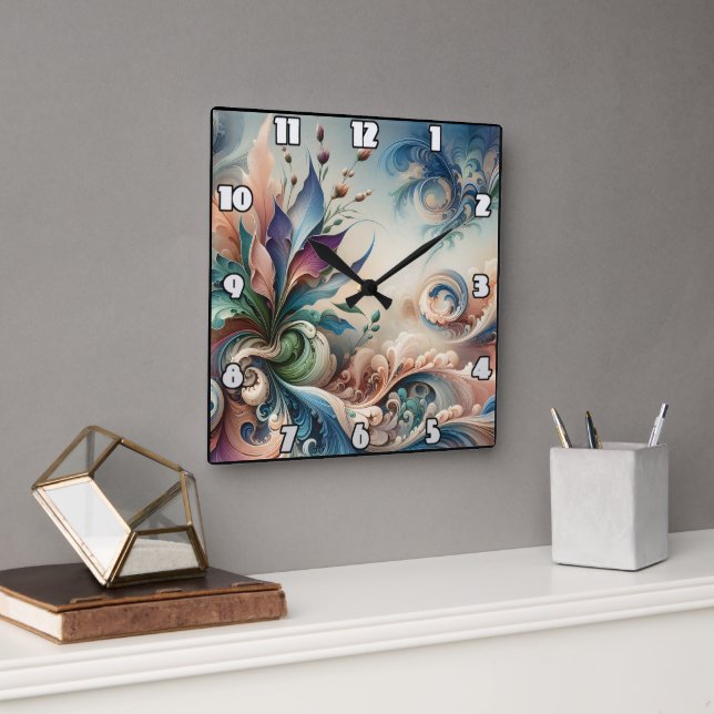 Vibrant Abstract Floral Design in Soft Colours Square Wall Clock (Office)