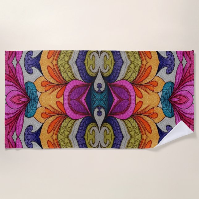 Vibrant Abstract Floral Fusion Pattern Beach Towel (Front)