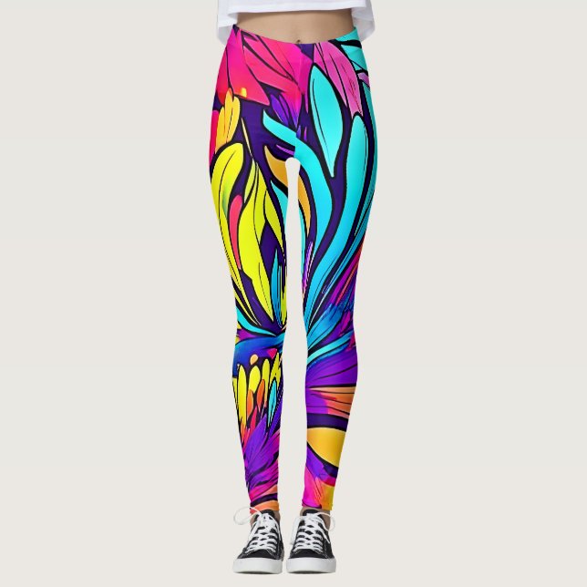 Vibrant Abstract Floral Leggings (Front)