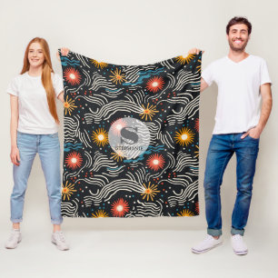 Vibrant Abstract Floral Waves on Black Fleece Blanket