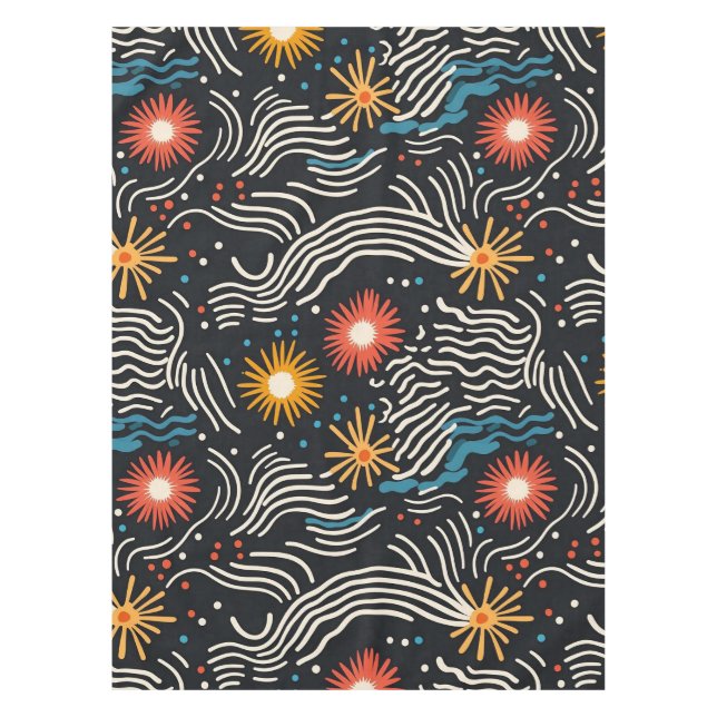Vibrant Abstract Floral Waves on Black Tablecloth (Front)