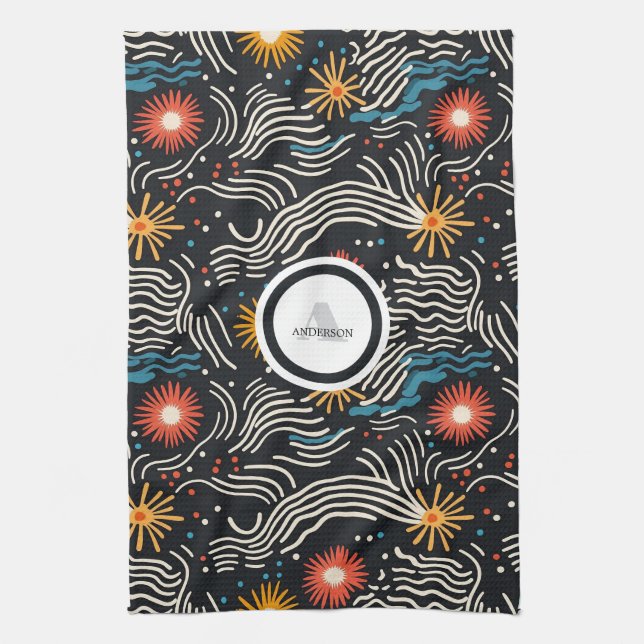 Vibrant Abstract Floral Waves on Black Tea Towel (Vertical)