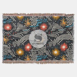 Vibrant Abstract Floral Waves on Black Throw Blanket