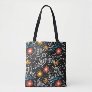 Vibrant Abstract Floral Waves on Black Tote Bag