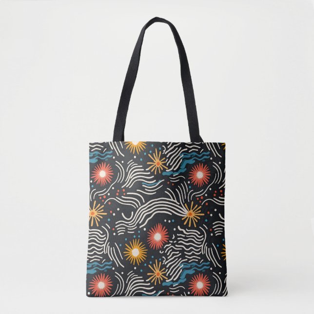 Vibrant Abstract Floral Waves on Black Tote Bag (Front)