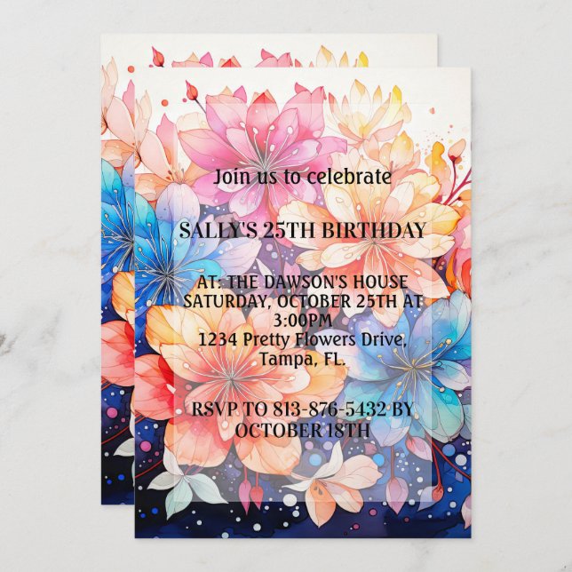 Vibrant Abstract Flower Art Birthday Party Invitation (Front/Back)