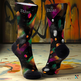 Vibrant Abstract in Orange, Magenta on black Socks