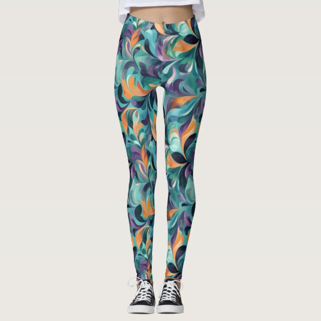 Vibrant Abstract Paisley-Inspired Pattern Leggings (Front)