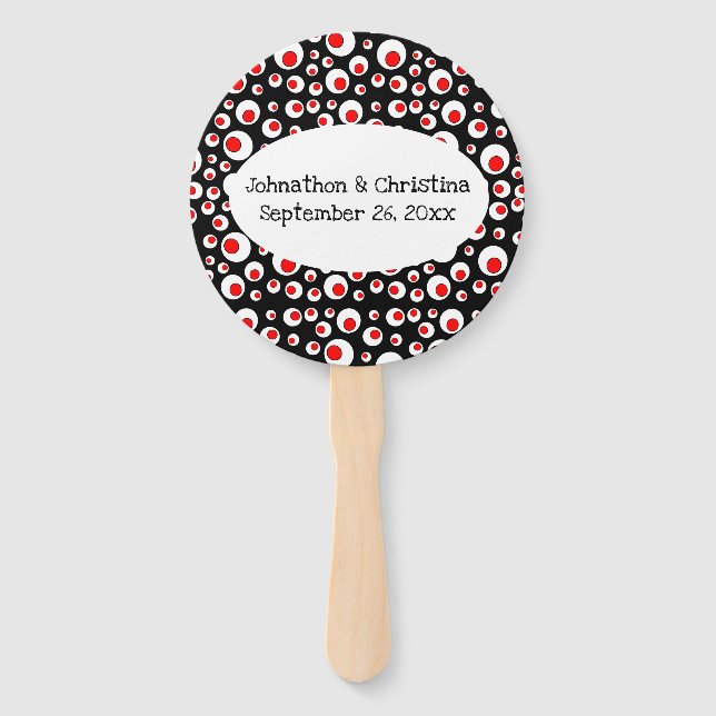 Vibrant Abstract Pattern Red White Circles Black Hand Fan (Front)