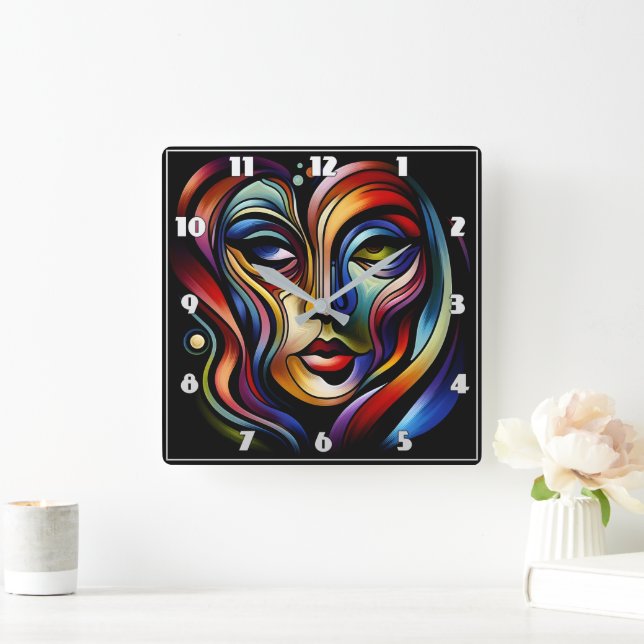 Vibrant Abstract Portrait With Colourful Stripes Square Wall Clock (Home)