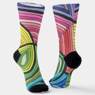 Vibrant Abstract Rainbow Swirl with Layered Lines Socks