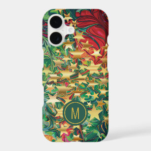 Vibrant Abstract Red Green Gold Stars Monogram