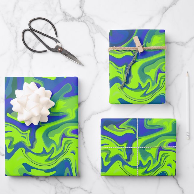 Vibrant Abstract Swirls in Green and Blue Wrapping Paper Sheet (Front)