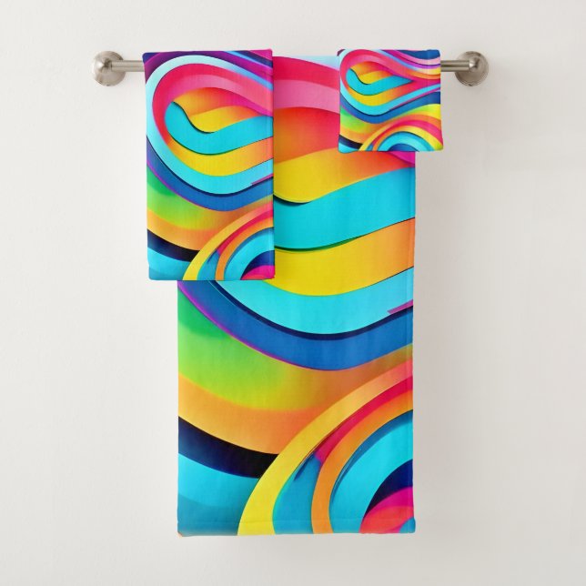 Vibrant Abstract Swirls of Colour Bath Towel Set (Insitu)