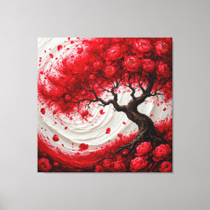 Vibrant Abstract Tree With Swirling Red Flowers Canvas Print