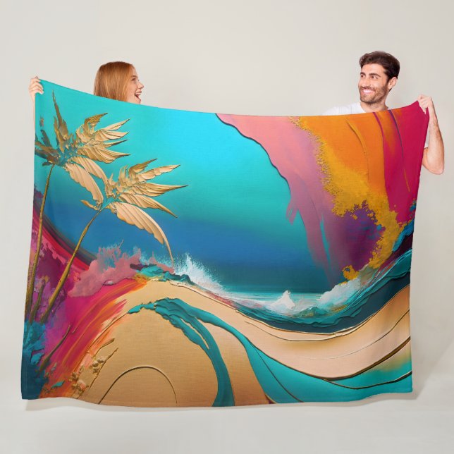 Vibrant Abstract Tropical Beach Scene Fleece Blanket (In Situ)