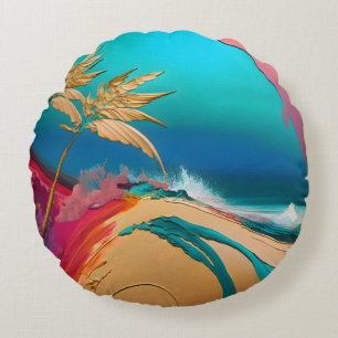 Vibrant Abstract Tropical Beach Scene Round Cushion