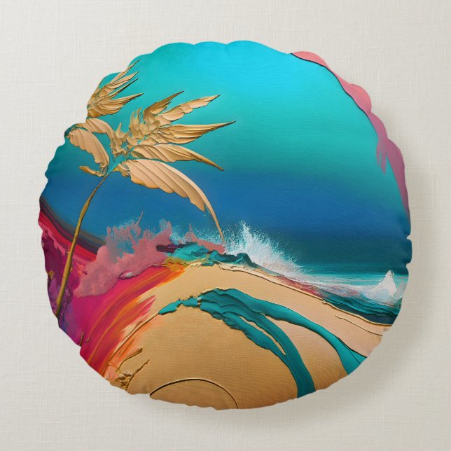 Vibrant Abstract Tropical Beach Scene Round Cushion (Front)