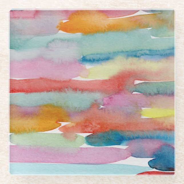 Vibrant Abstract Watercolor Brush Strokes Glass Coaster (Front)